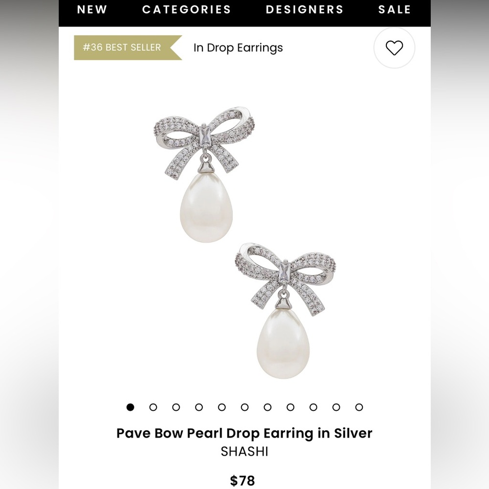 NWT SHASHI Revolve Pave Bow Pearl Drop Earring in Silver